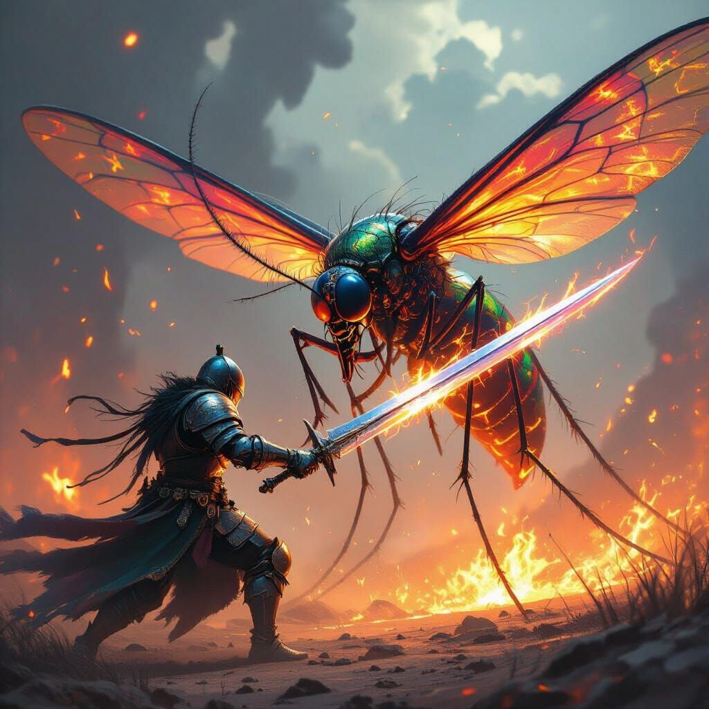 Knight Battles Giant Demon Mosquito in Cinematic Fantasy Sce...
