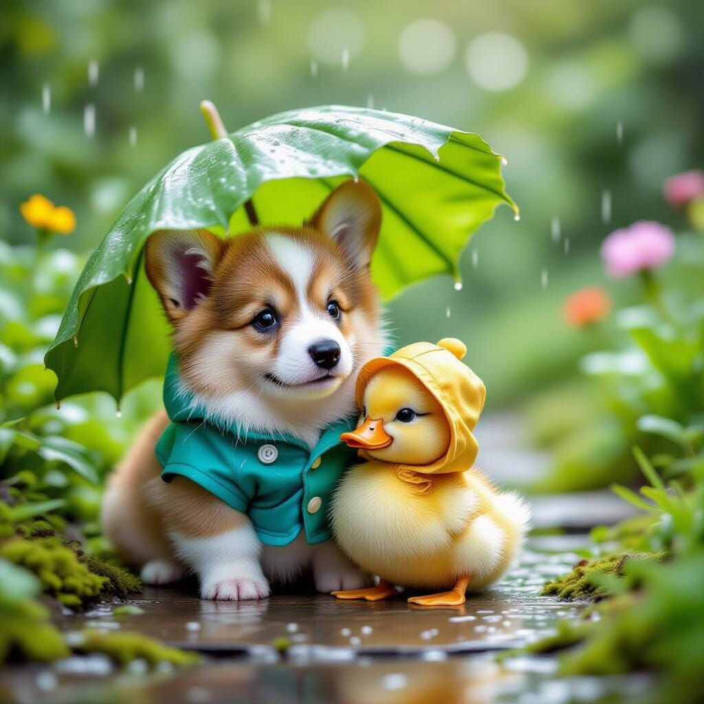 Corgi Puppy and Duckling in Lush Garden
