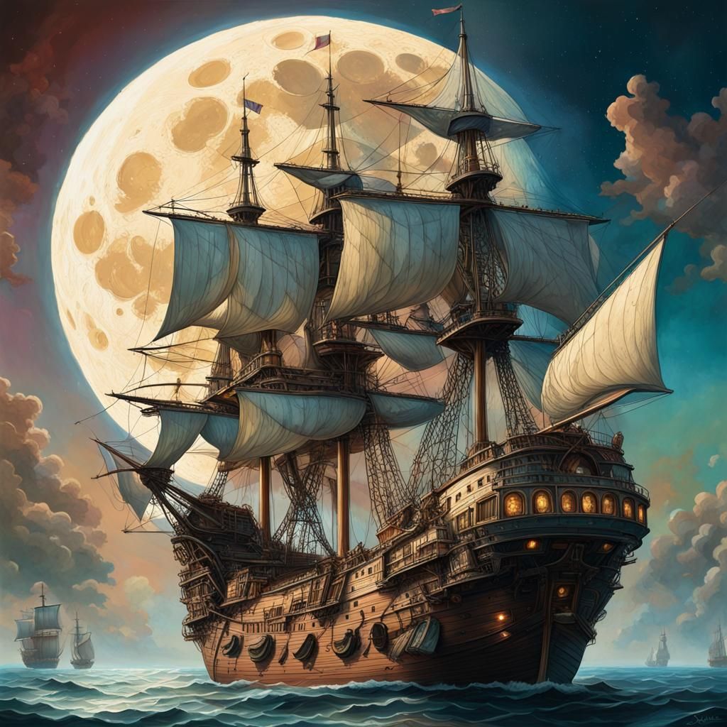 Renaissance Moon Colony Ships in Hyperrealistic Style