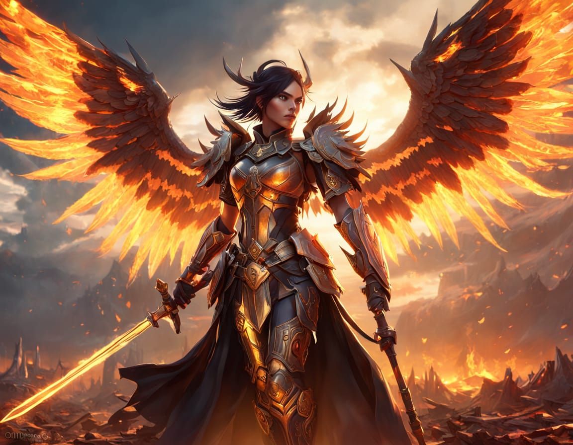Angel-Demon Nephalem Warrior in a Burning Wasteland