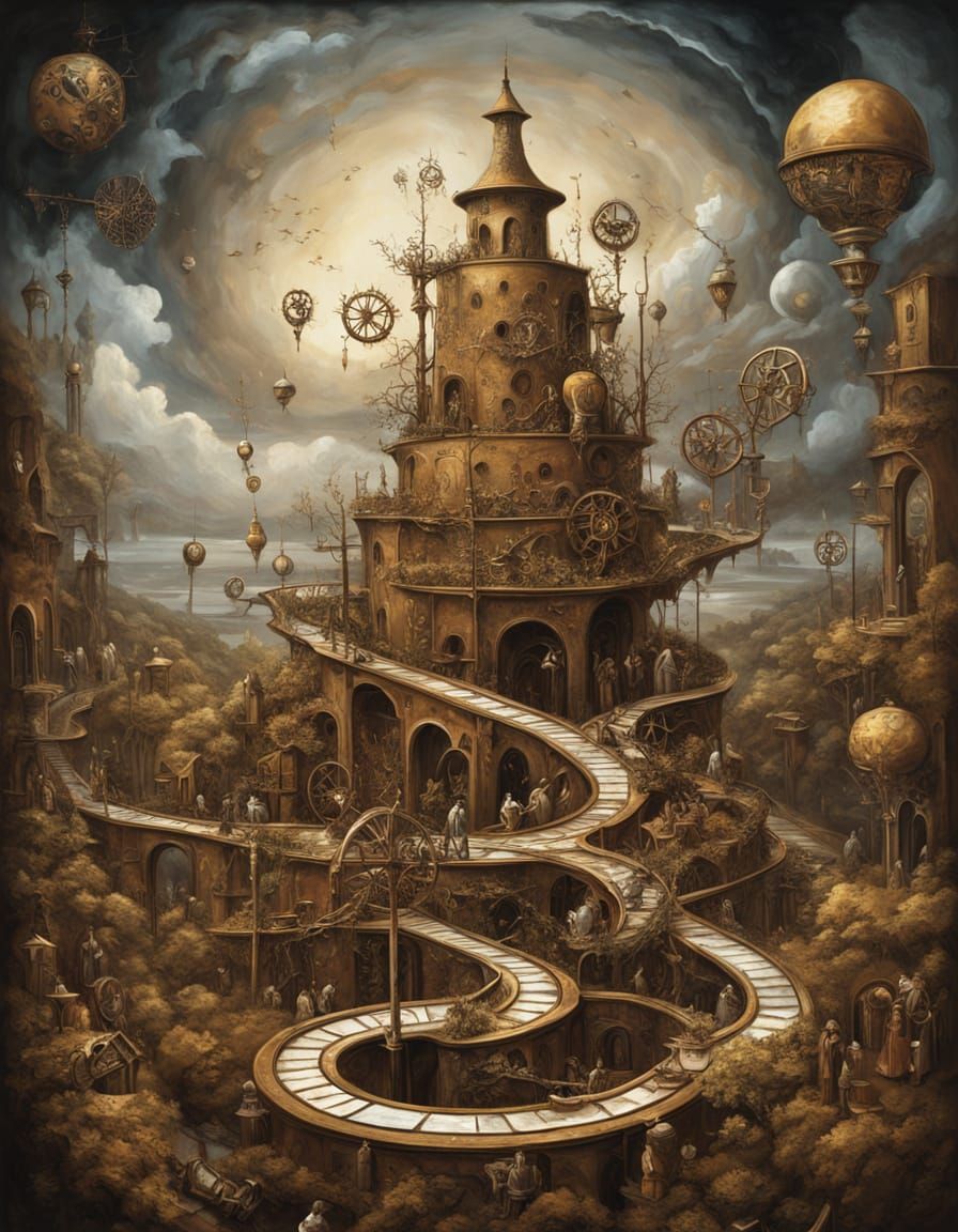 Surreal Oil Painting of Impossible Structure with Gears