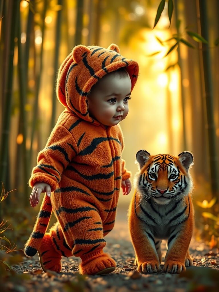 Dreamlike Scene of Tiger-Themed Baby and Tiger in a Bamboo F...