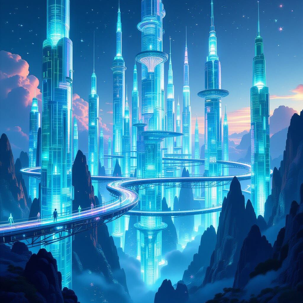 Luminous Crystal Cityscape in Magical Realism Style