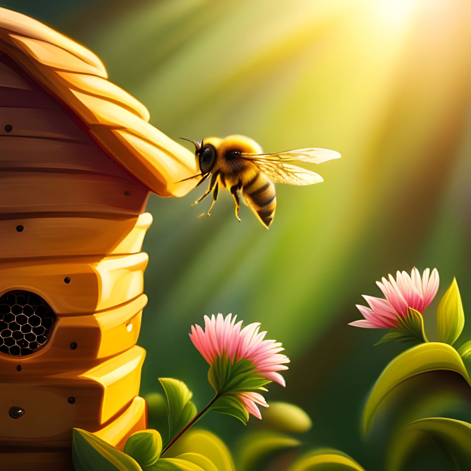Honey Beehive in Sunlight: Hyperrealistic Concept Art
