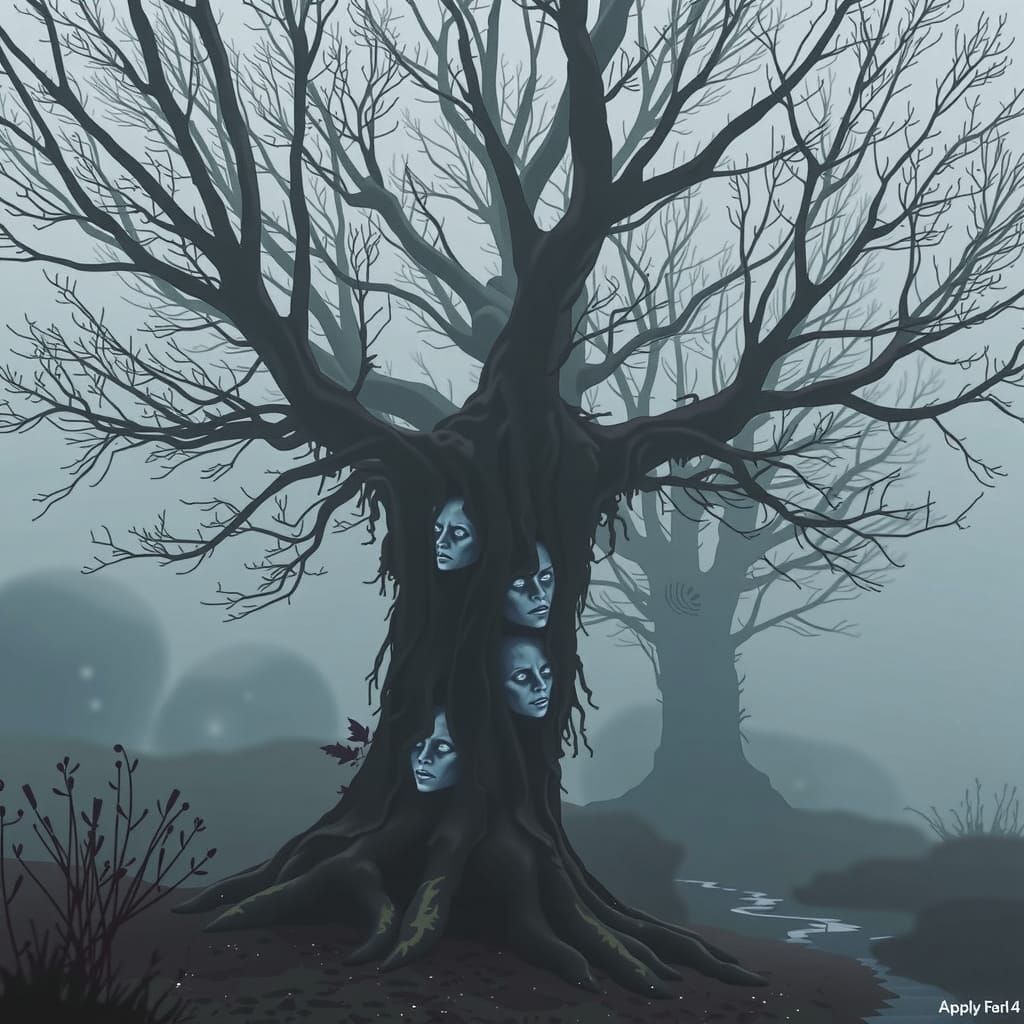 Treehouse with Whimsical, Twisted Faces in the Fog