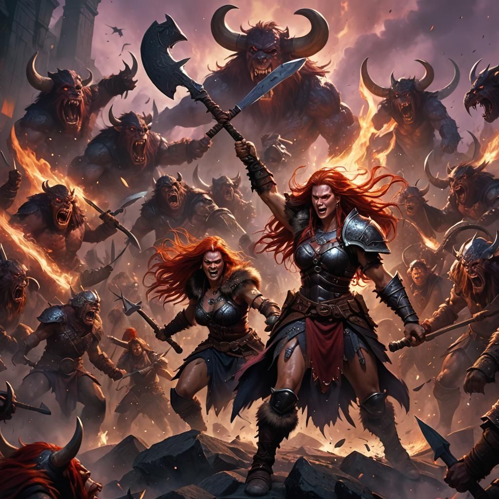 Fantasy Barbarian Fighting Demons in Dark Art Style