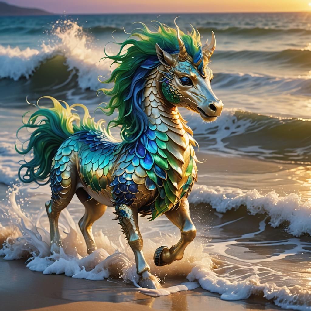 Luminous Kirin Emerges from Wave in Digital Art