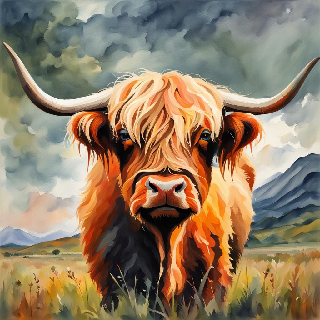 Highland Cow in Gouache Watercolor Style