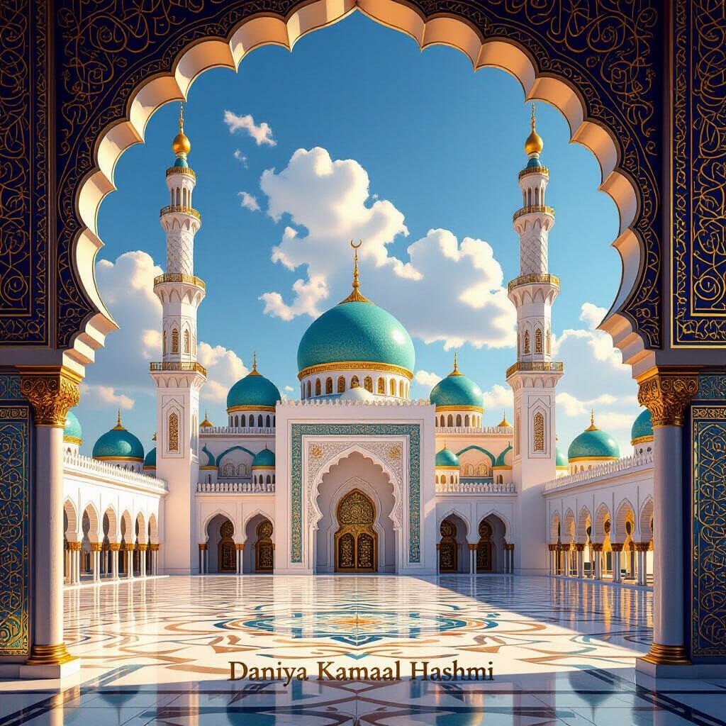 Majestic Mosque with Gold Accents in Islamic Art Style