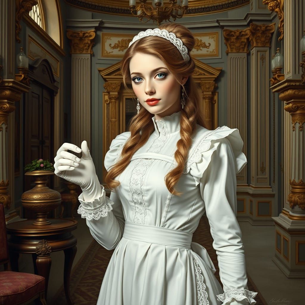 Sensual Goddess as a Meticulous Maid in Grand Baroque Foyer