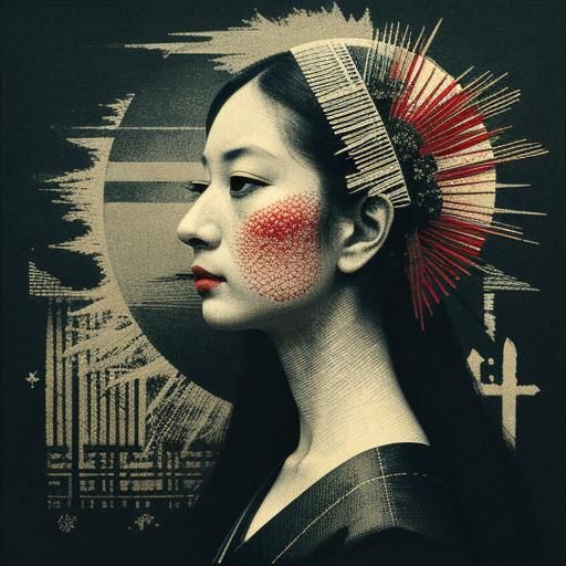 Geisha in Ukiyo-e Style With Halftone Patterns