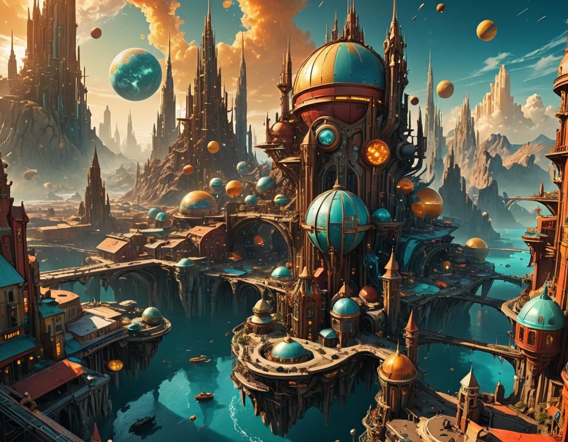 Exoplanet Harbor with Distorted Gravity in Sci-Fi Style