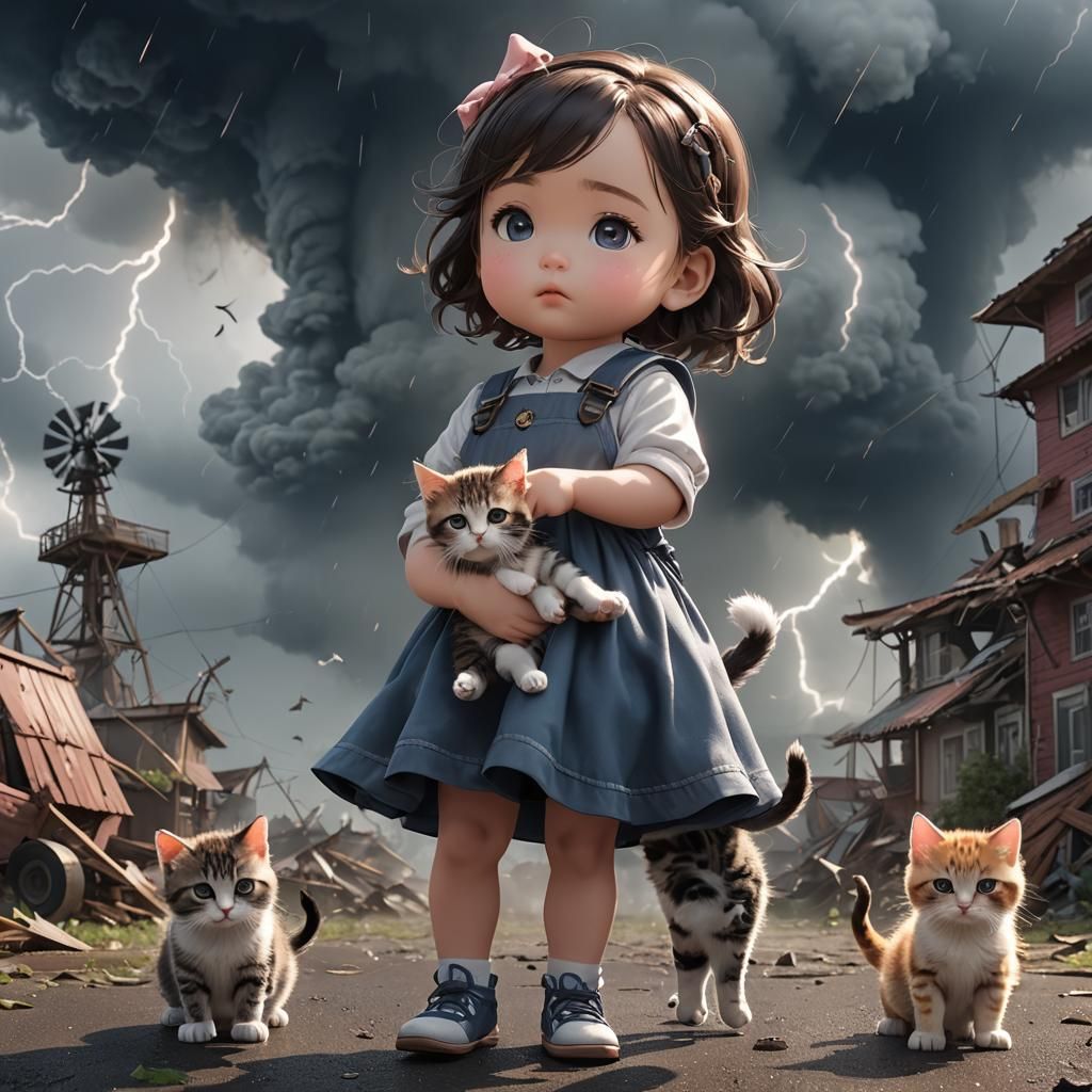Miniature Girl and Kitten Before Tornado, Anime Art