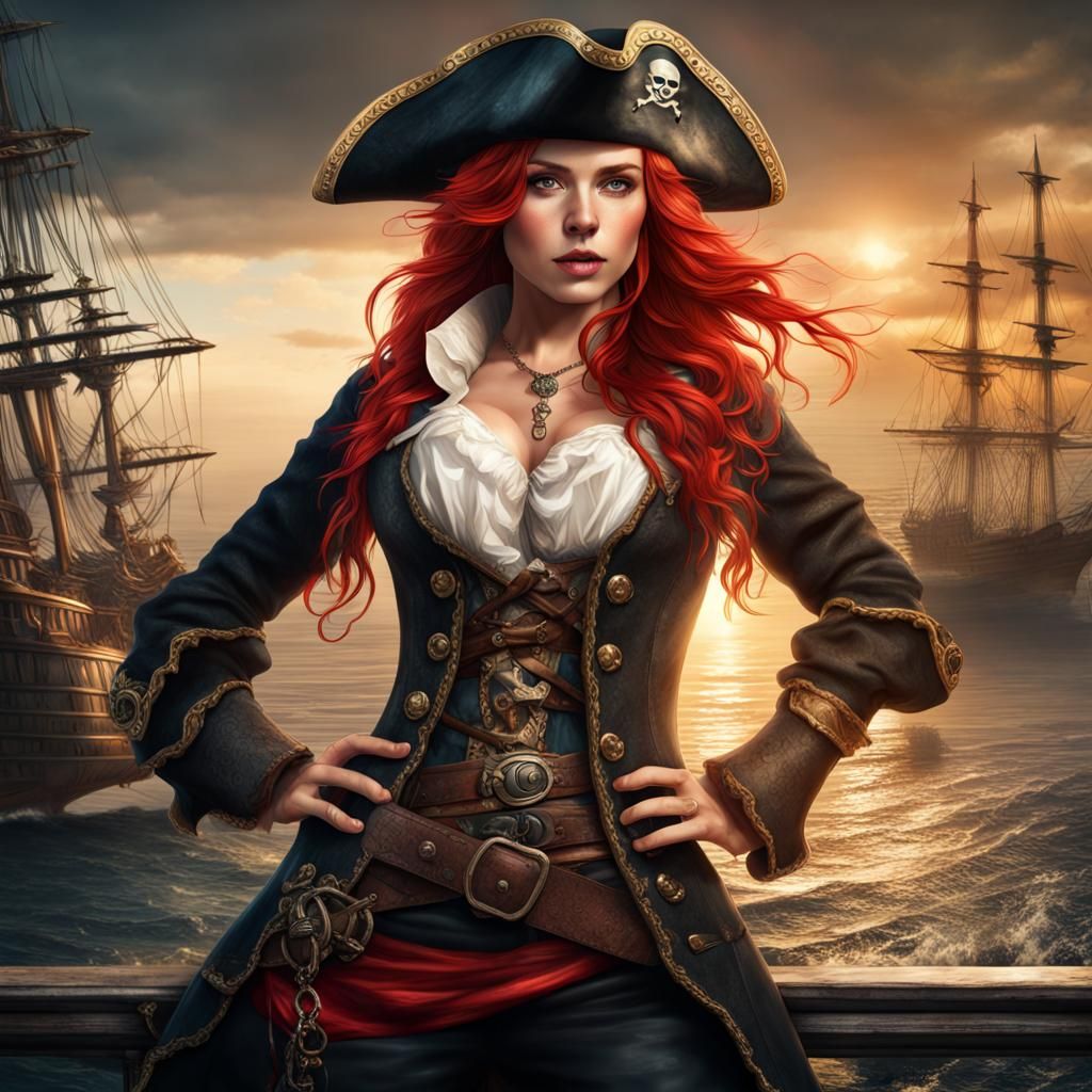 Majestic Red-Haired Pirate Woman in Cinematic Lighting