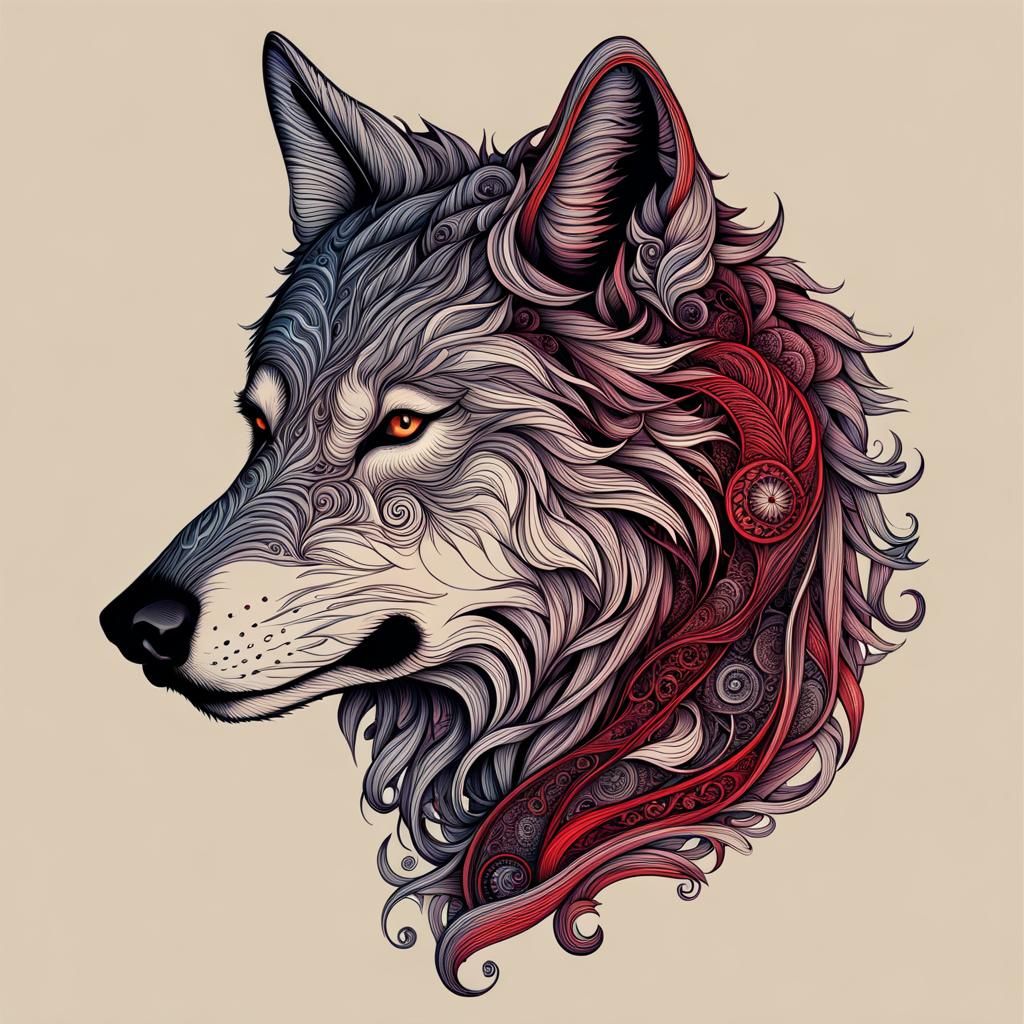 Mystical Wolf Head in Detailed Line Art