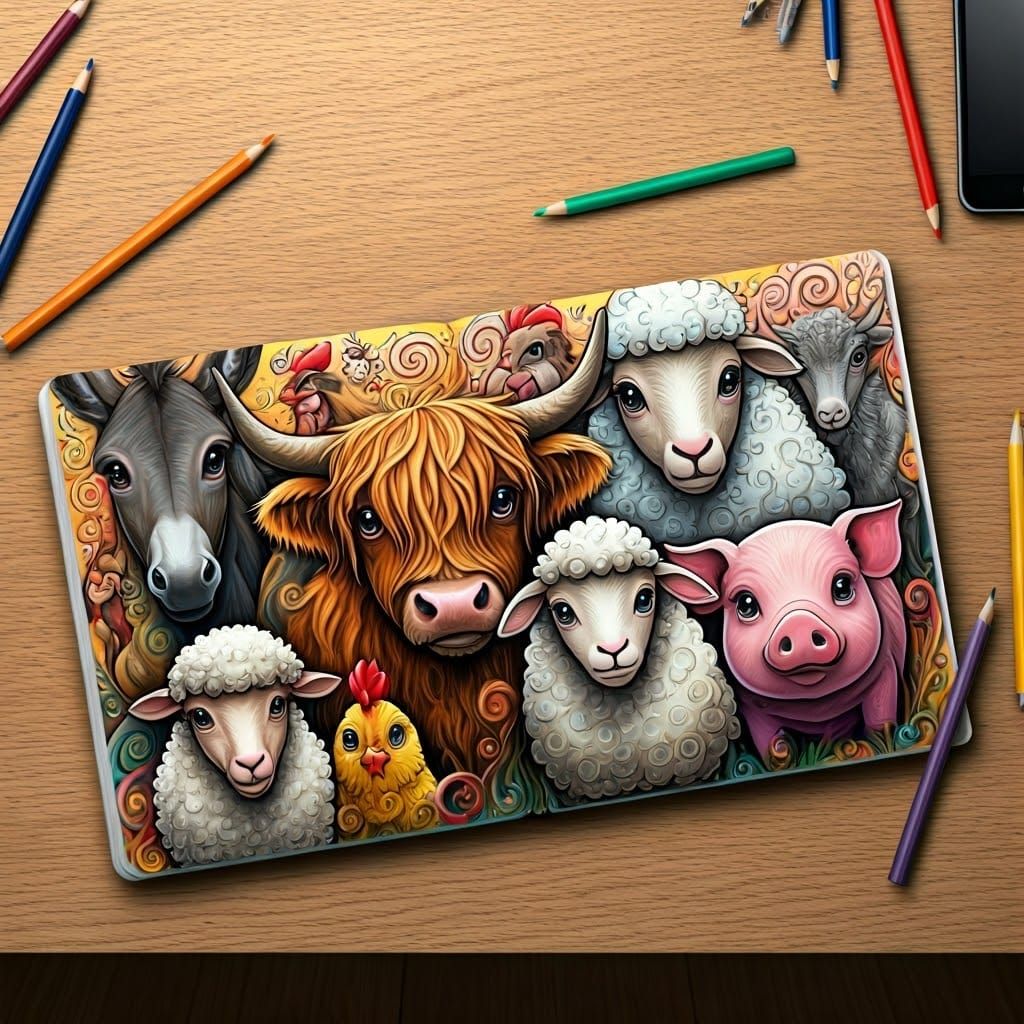 Colorful Farm Animal Doodles on Notebook Page