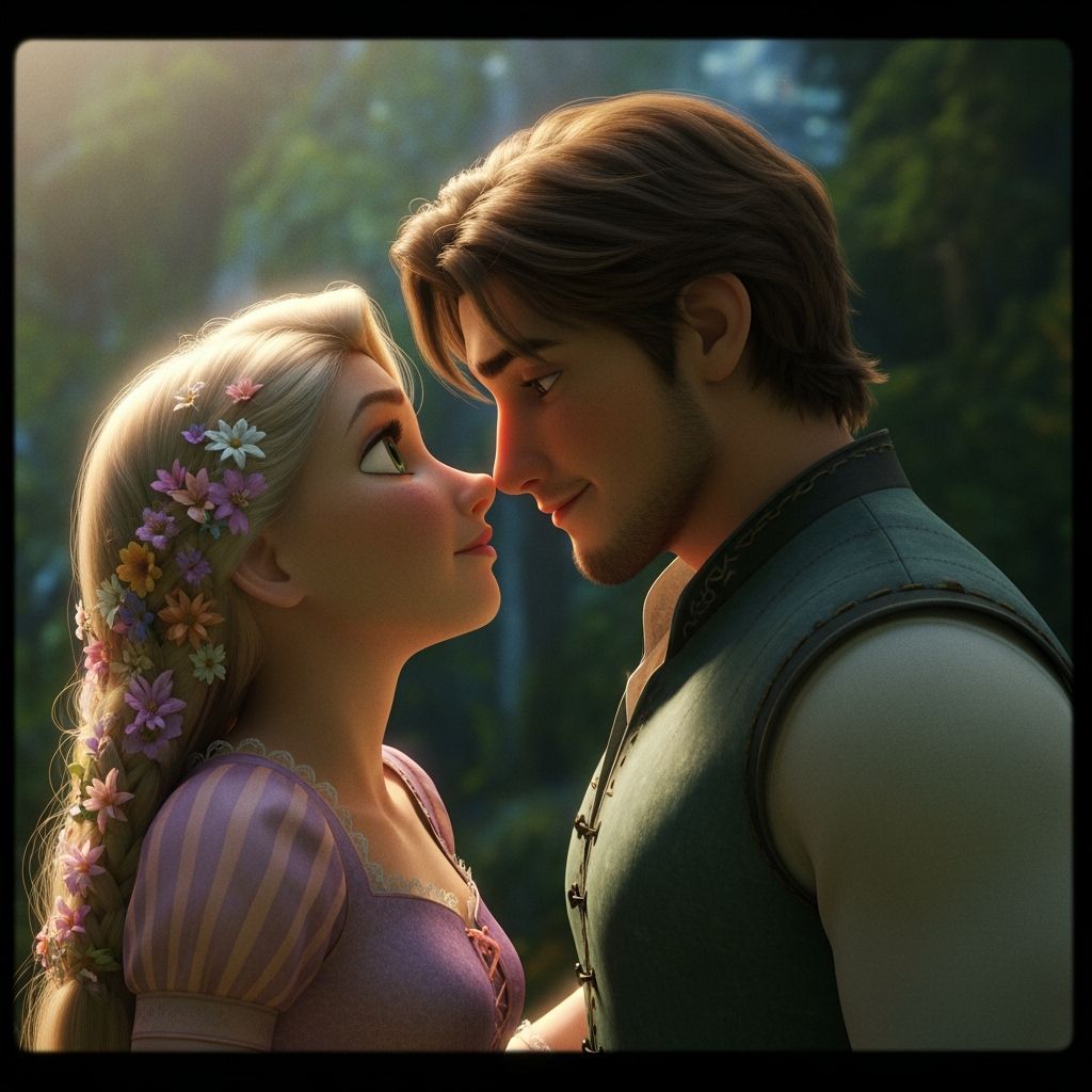 Rapunzel and Eugene's Tender Forest Moment Before a Kiss
