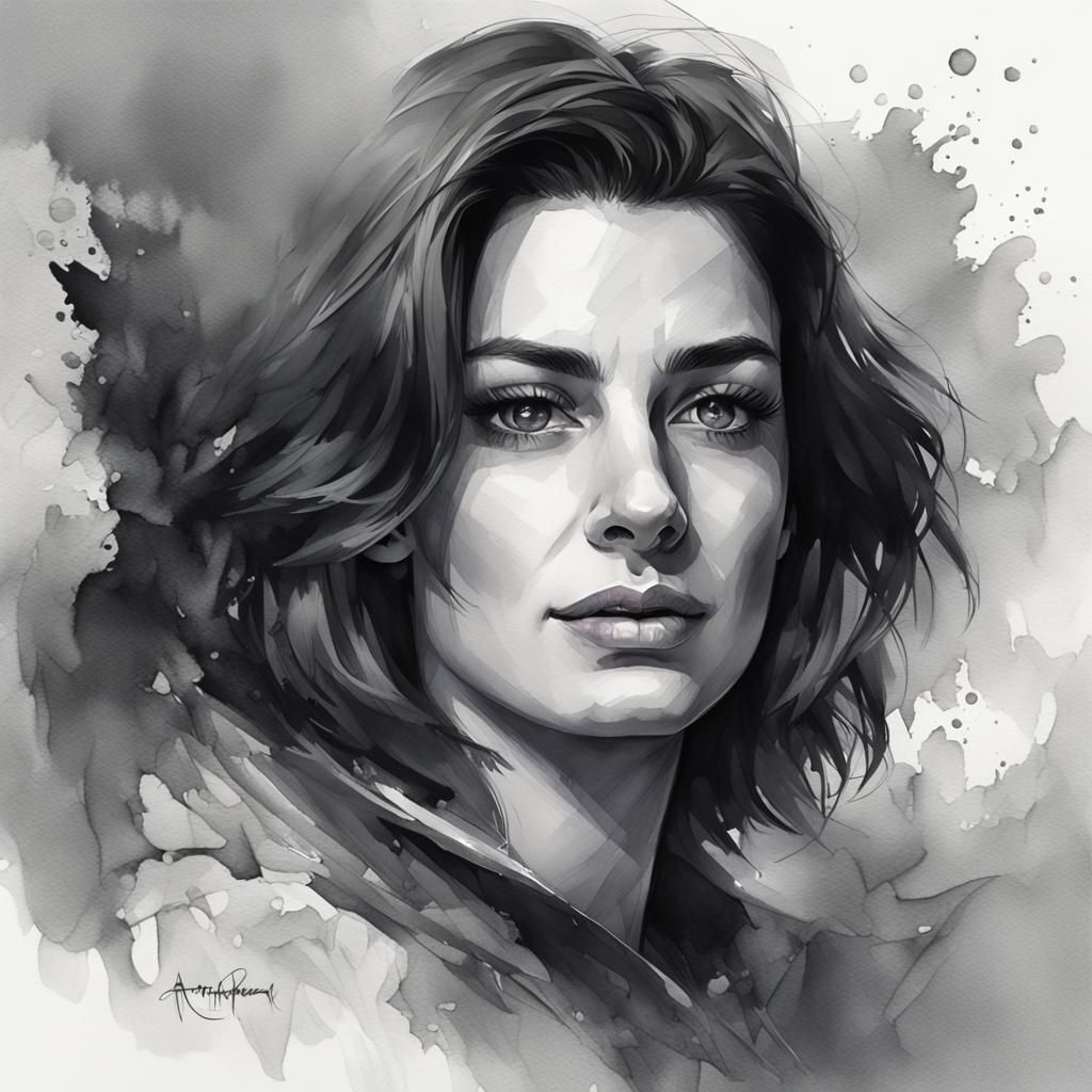 Monochrome Watercolor Portrait in Art Nouveau Style