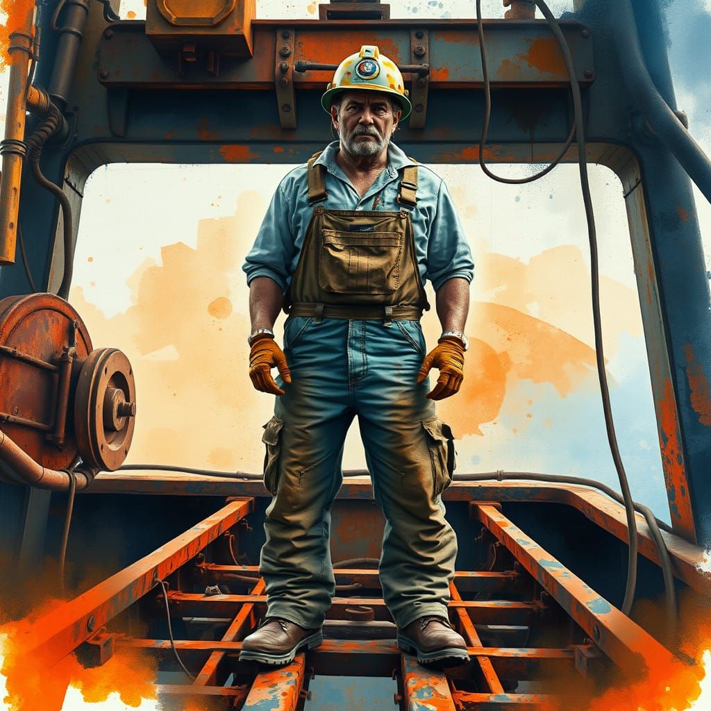 Gritty Oil Rig Worker in Watercolour Style