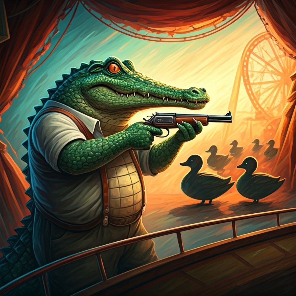 Crocodile Aims at Ducks in Mixed Media Amusement Park Art