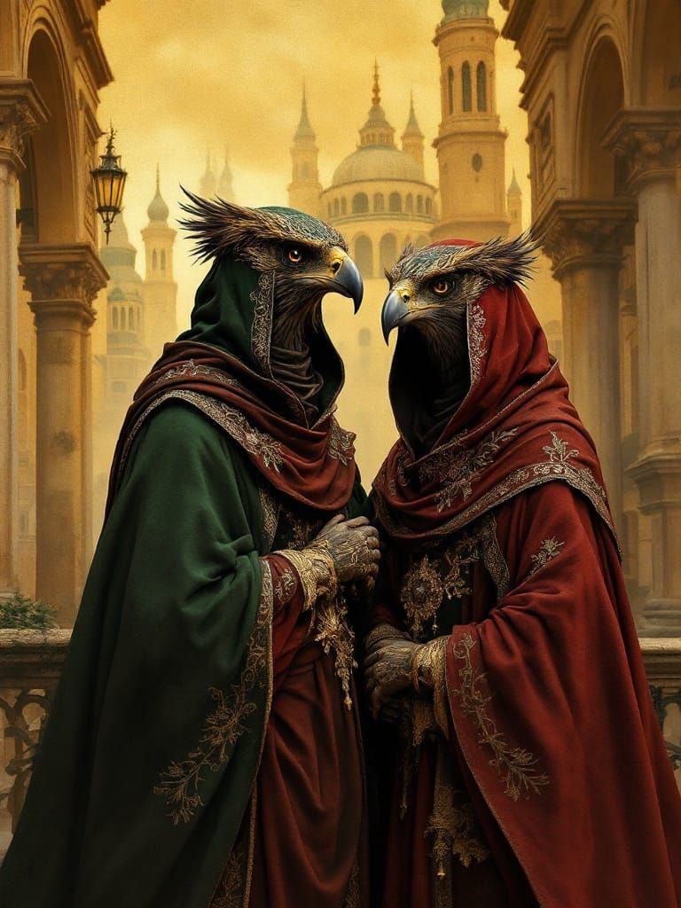 Renaissance Bird Figures in Golden Cityscape
