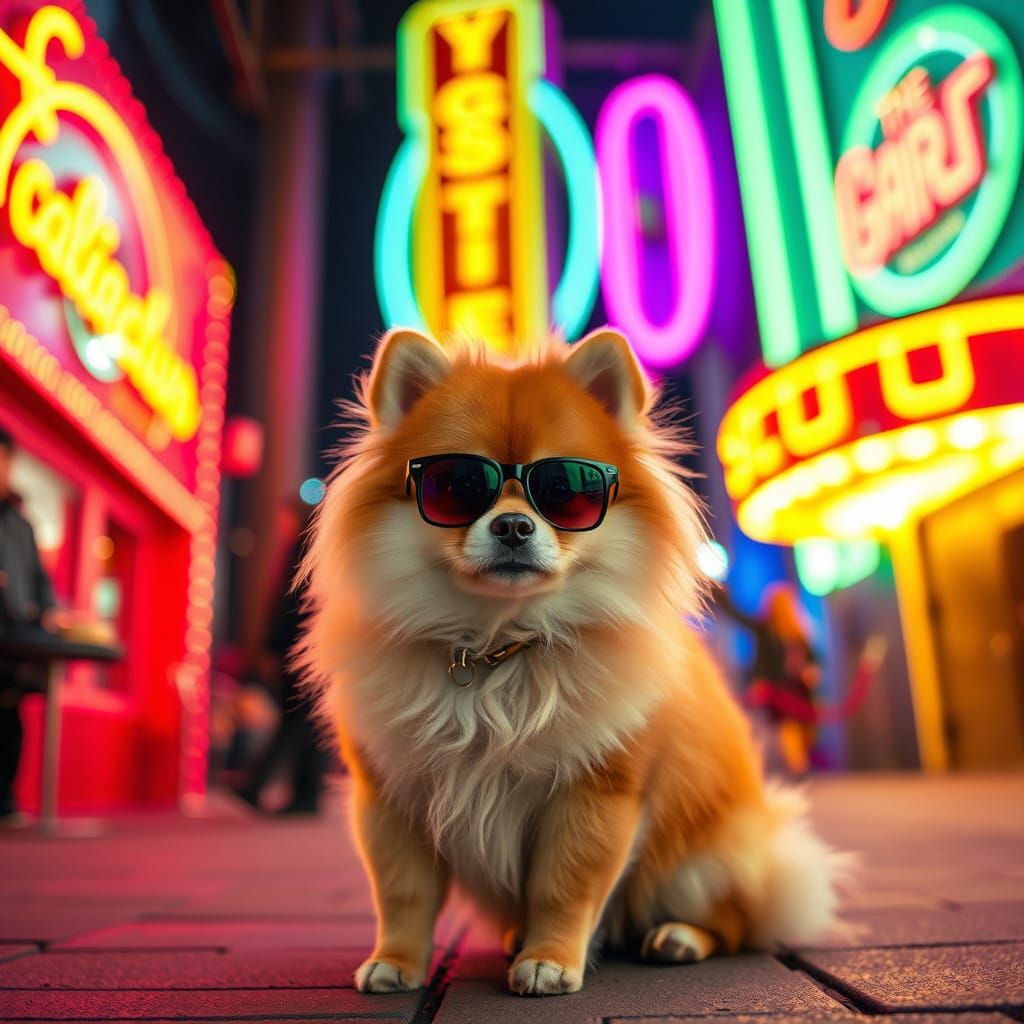 Confident Pomeranian in Neon Nightclub Scene