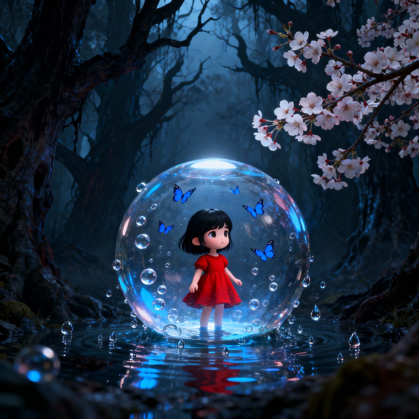 Girl in Crystal Ball in Dark Forest, Unreal Engine Style