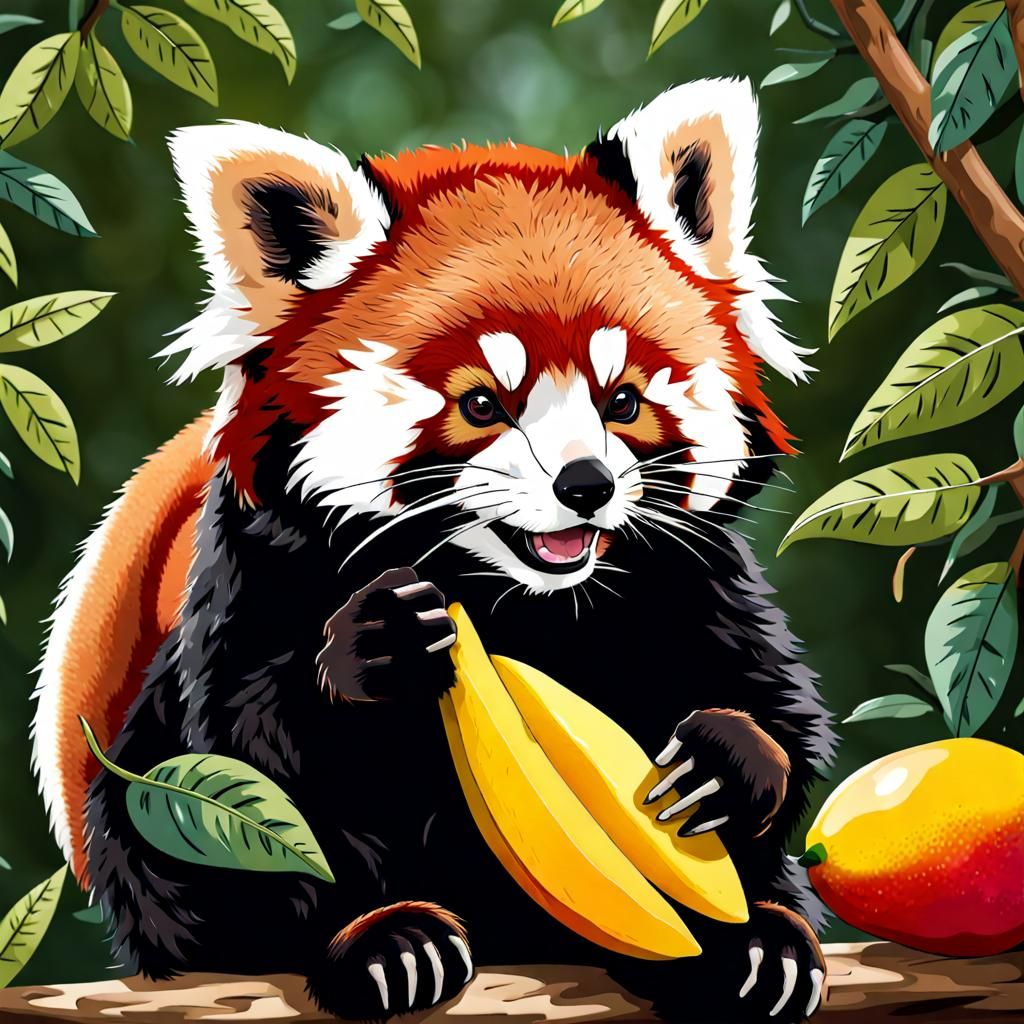 Adorable Red Panda Eating a Mango