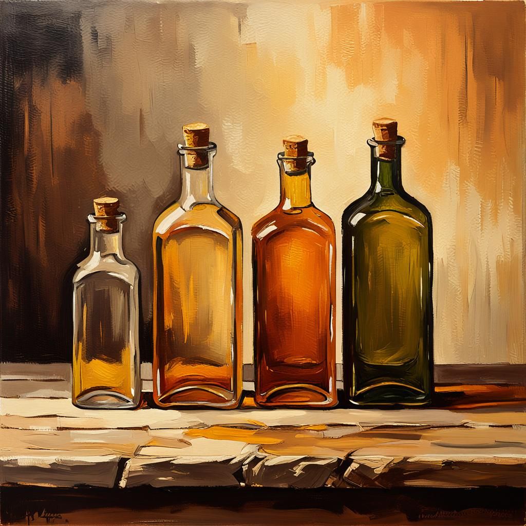 Still Life Oil Painting with Four Bottles