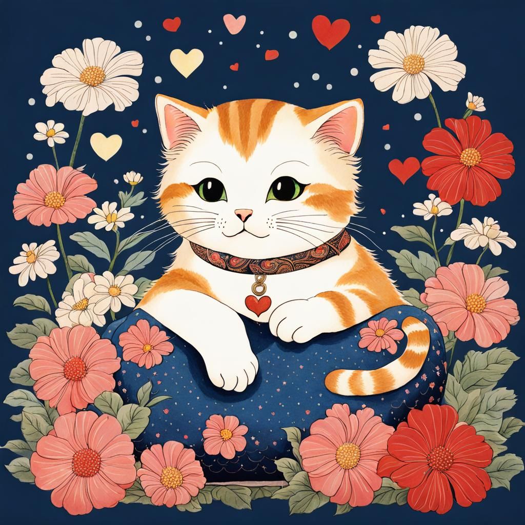 Cute Cat Surrounded by Flowers in Ukiyo-e Style