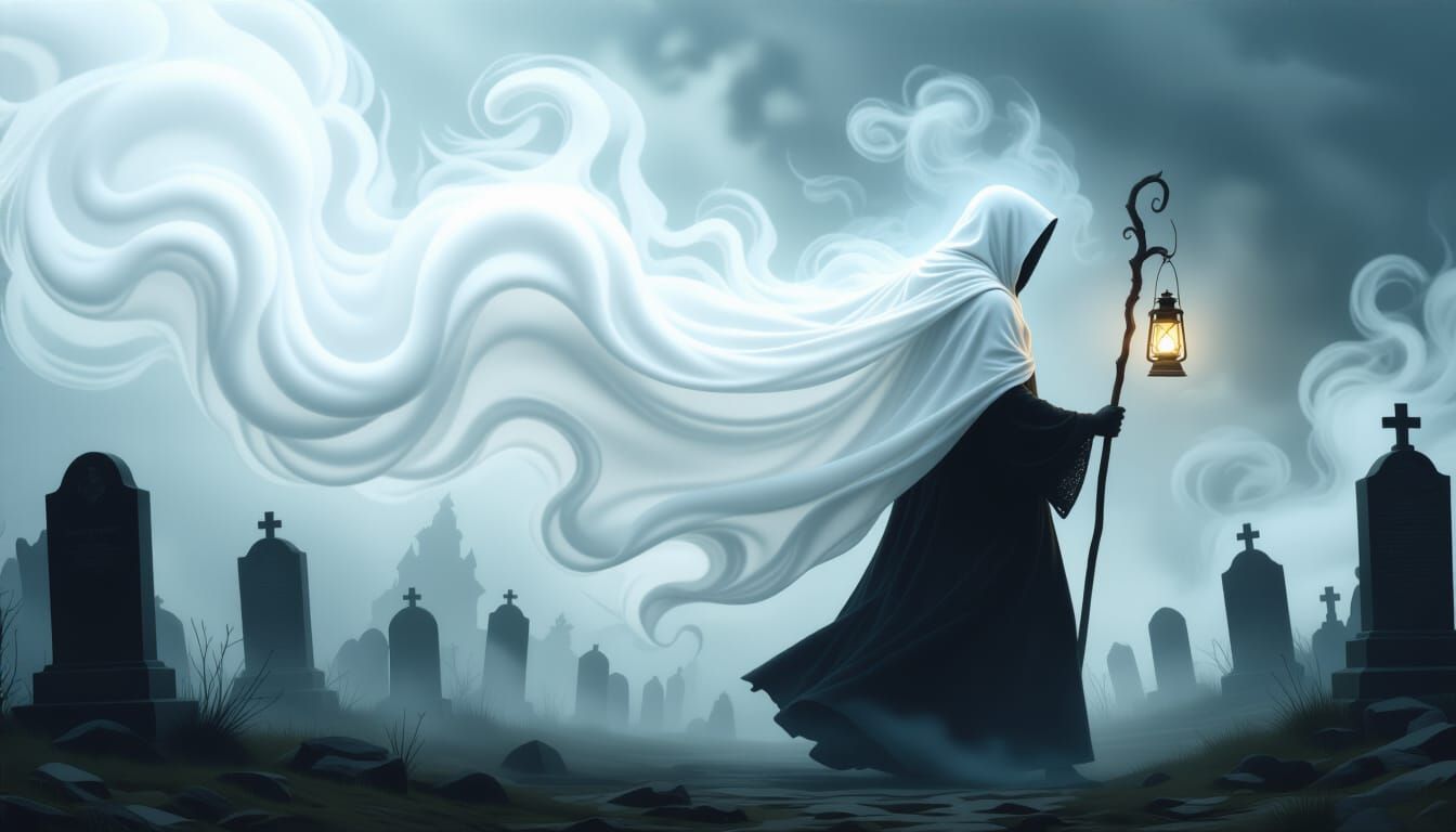Hooded Figure in Misty Graveyard with Lantern