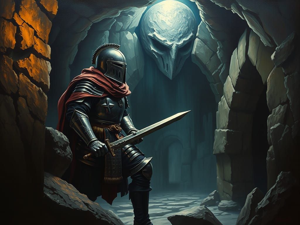 Medieval Paladin Illuminates Dark Dungeon with Chiaroscuro O...