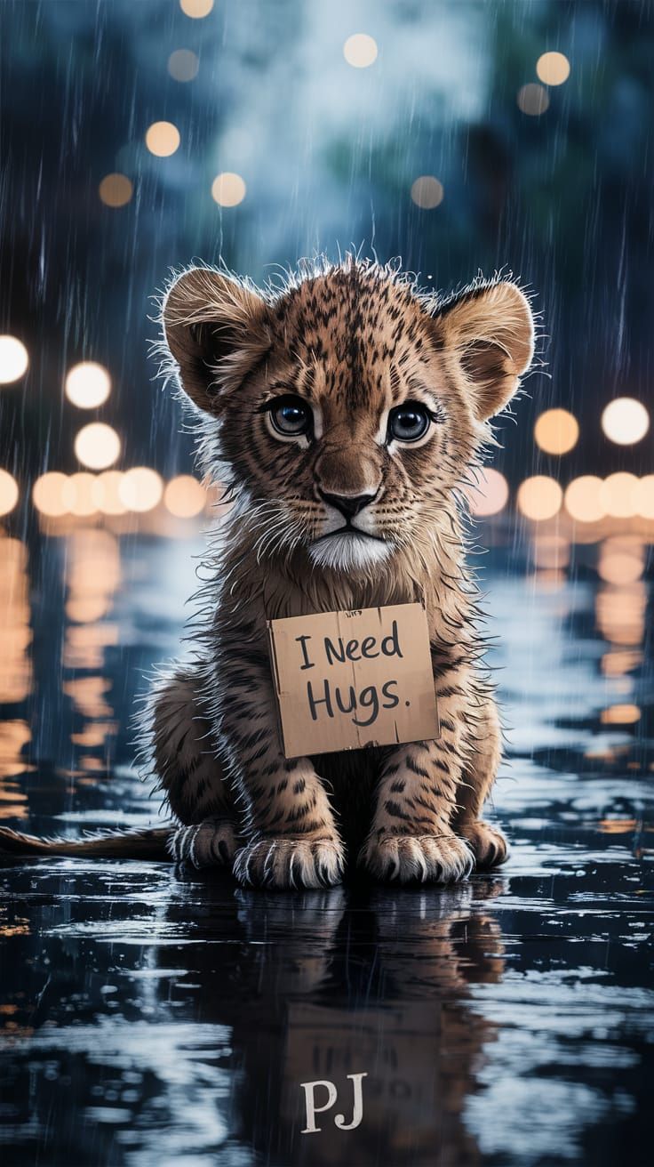 Heart-Wrenching Lion Cub Illustration: "I Need Hugs"