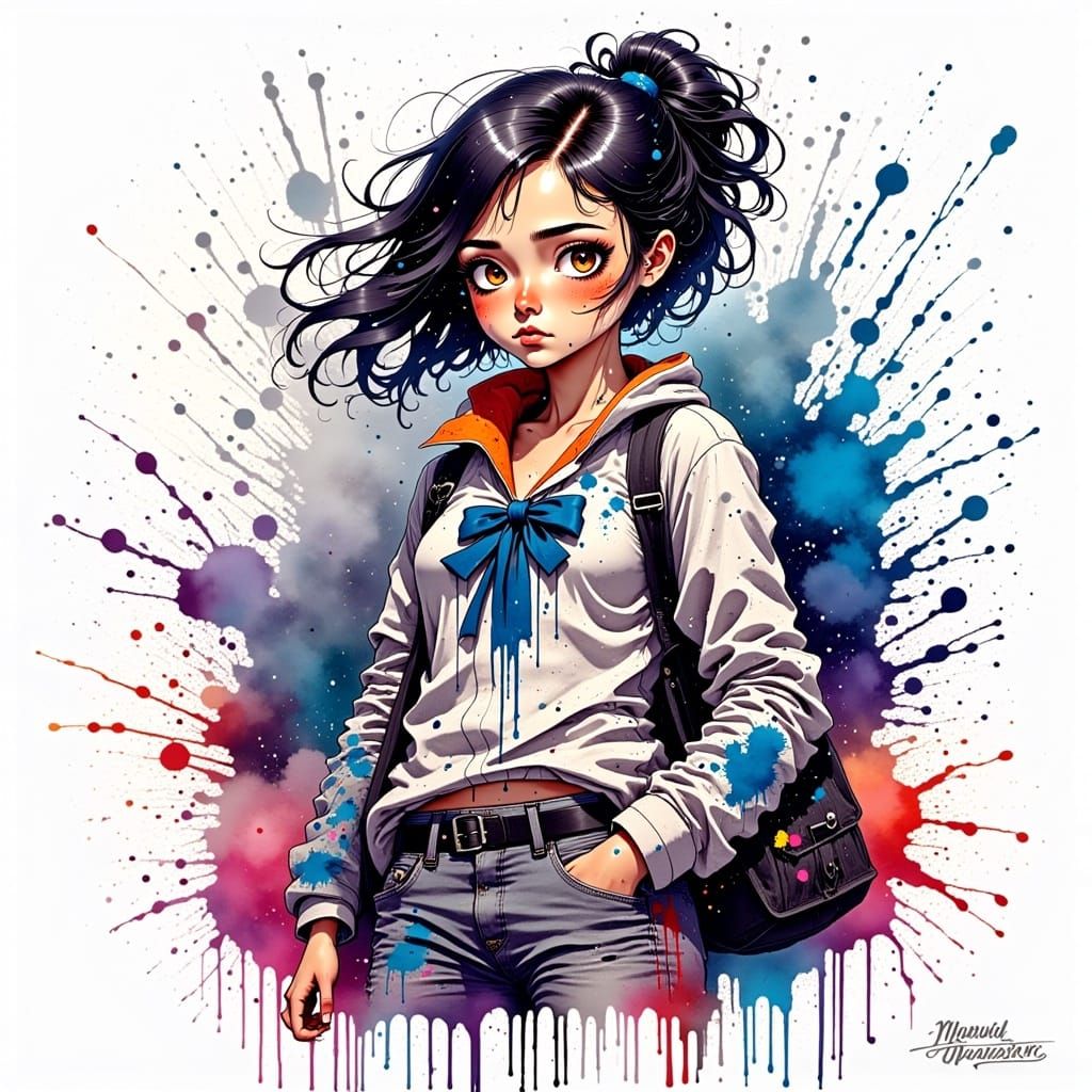 Anime Girl in Ink Splatters, Comic Book Style