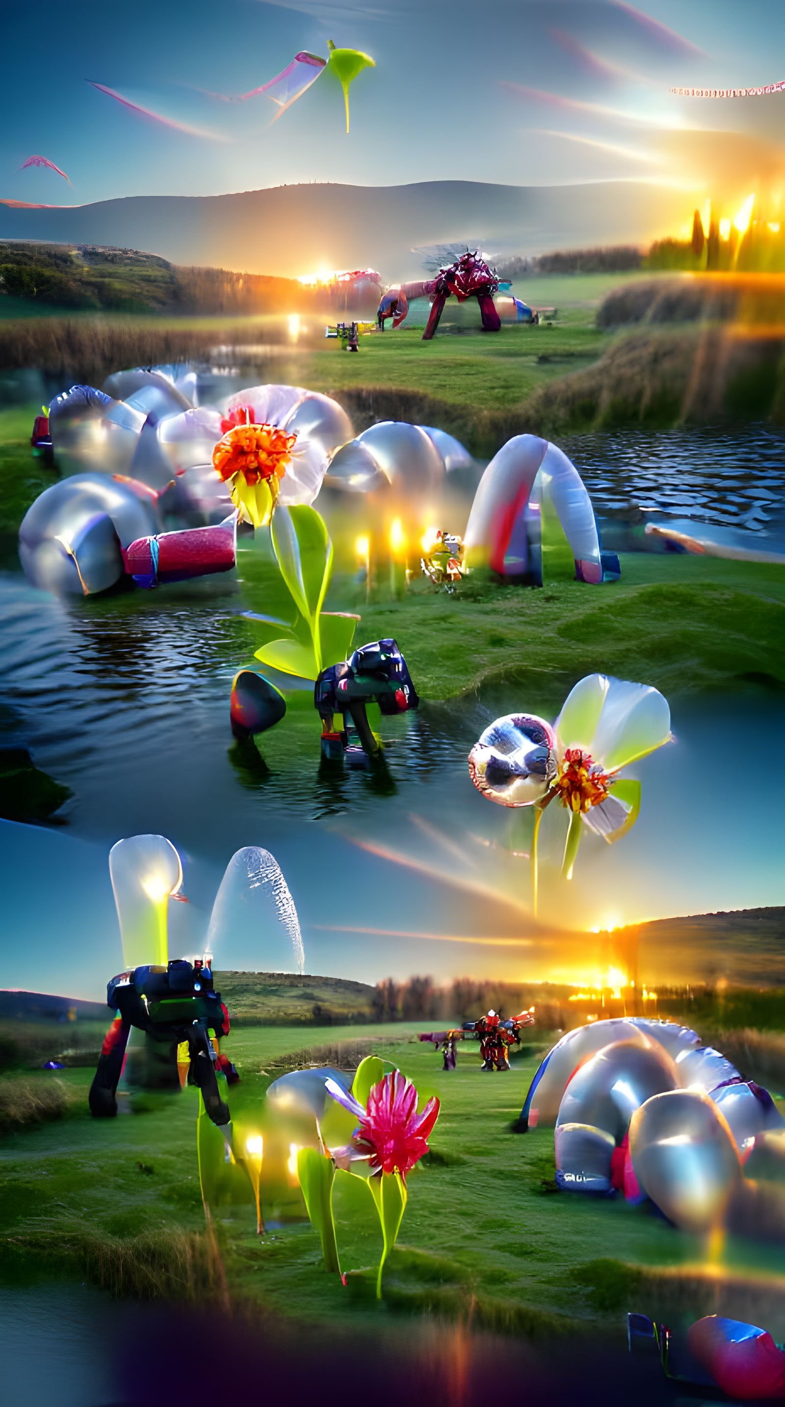 Inflatable Flowers and Robots at Sunset