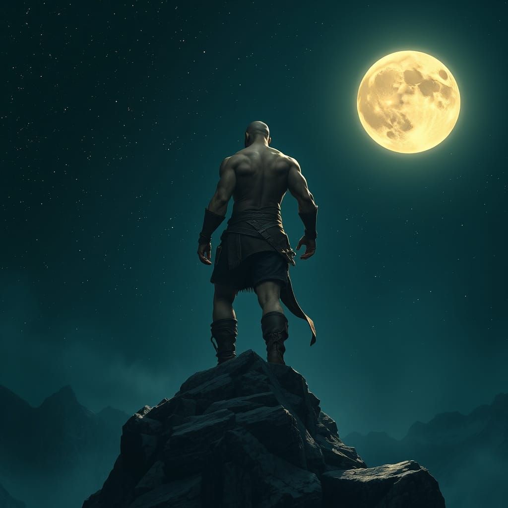 Moonlit Figure on Mountain Peak in Dark Fantasy Style