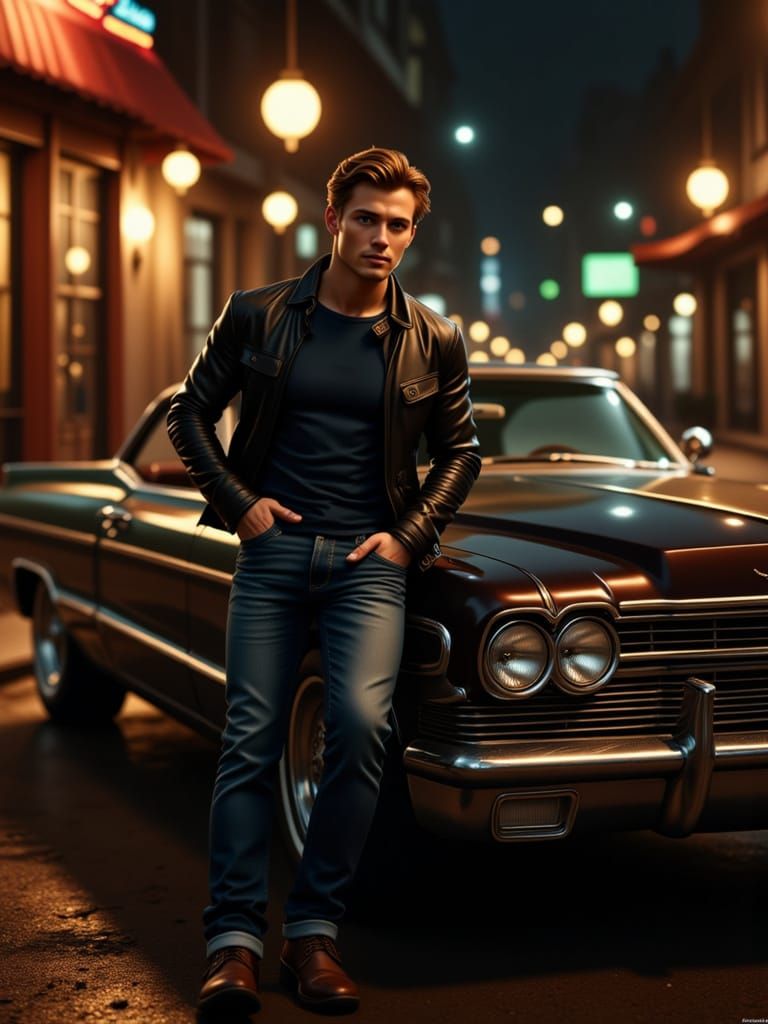 Charismatic Greaser in Film Noir Style with Vintage Cadillac