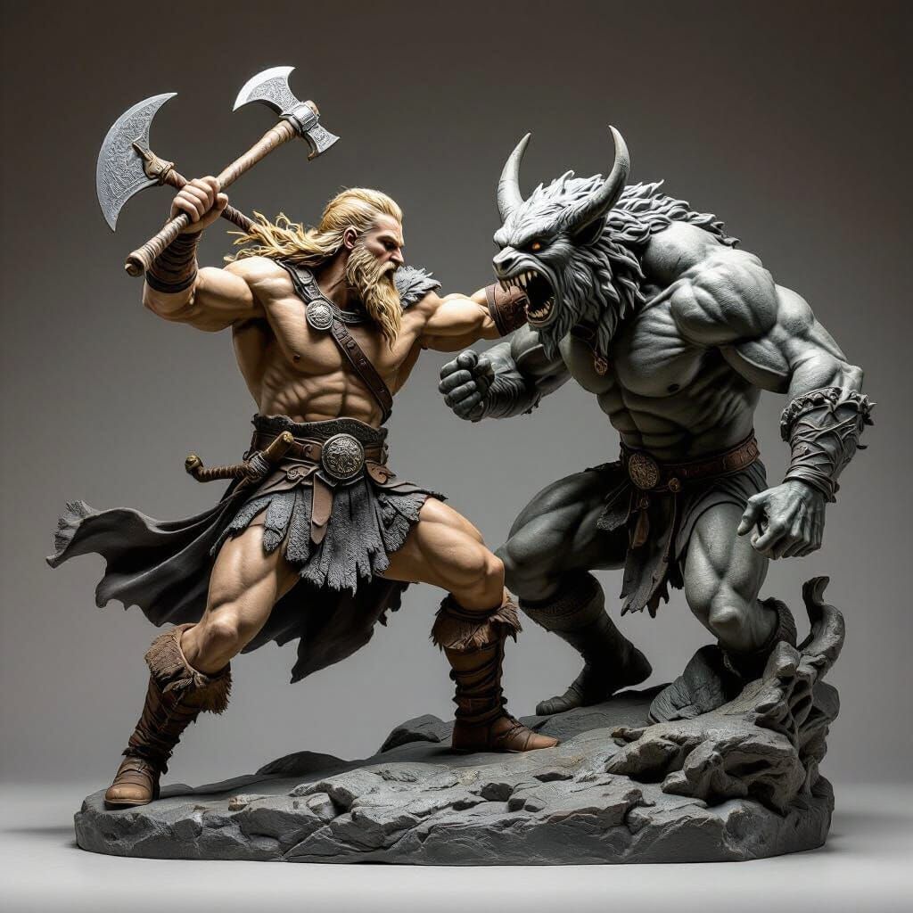 Viking Warrior Battles Norse Creature in Bernini-Inspired Sc...