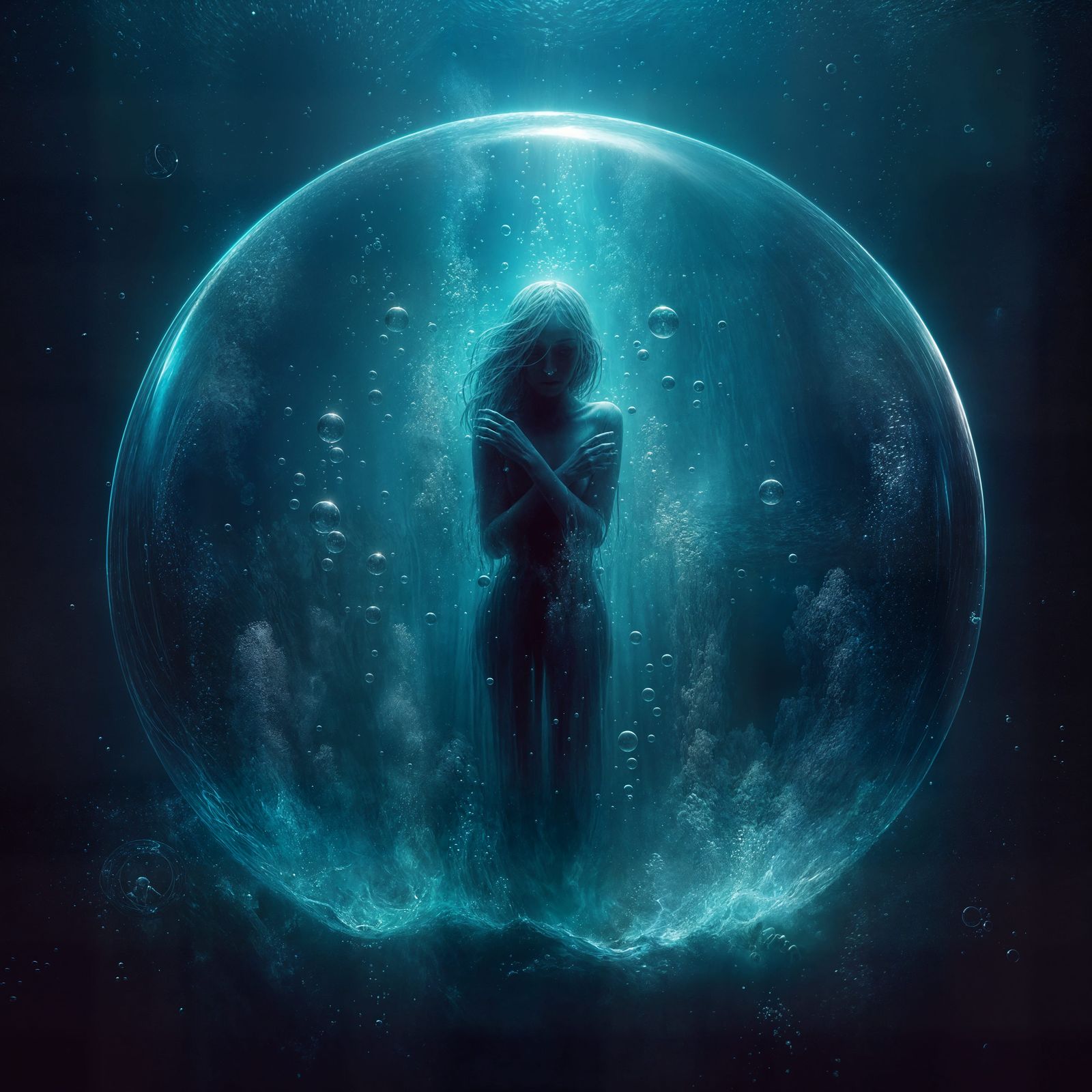 Underwater Figure Trapped in Bubble: Melancholic Dreamscape