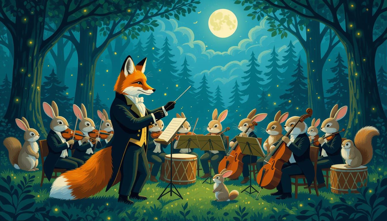 Fox Conducts Woodland Orchestra in Moonlit Forest
