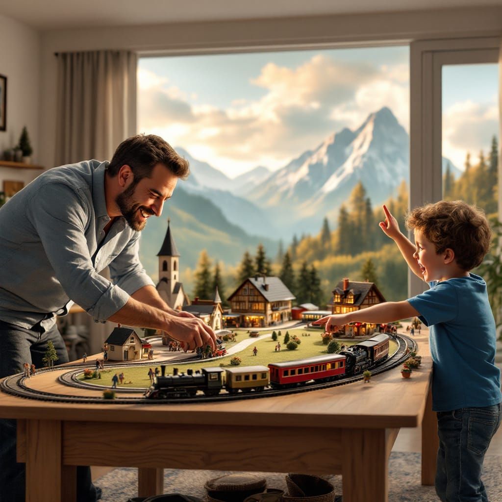 Hyperrealistic 3D Model Train Layout in Alpine Village