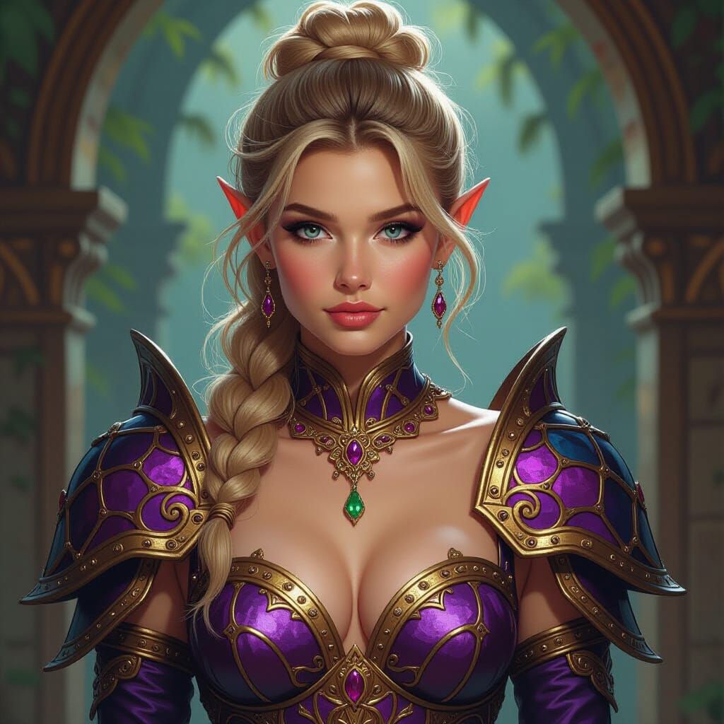 Elven Woman in Stained Glass Armor, Oil Painting