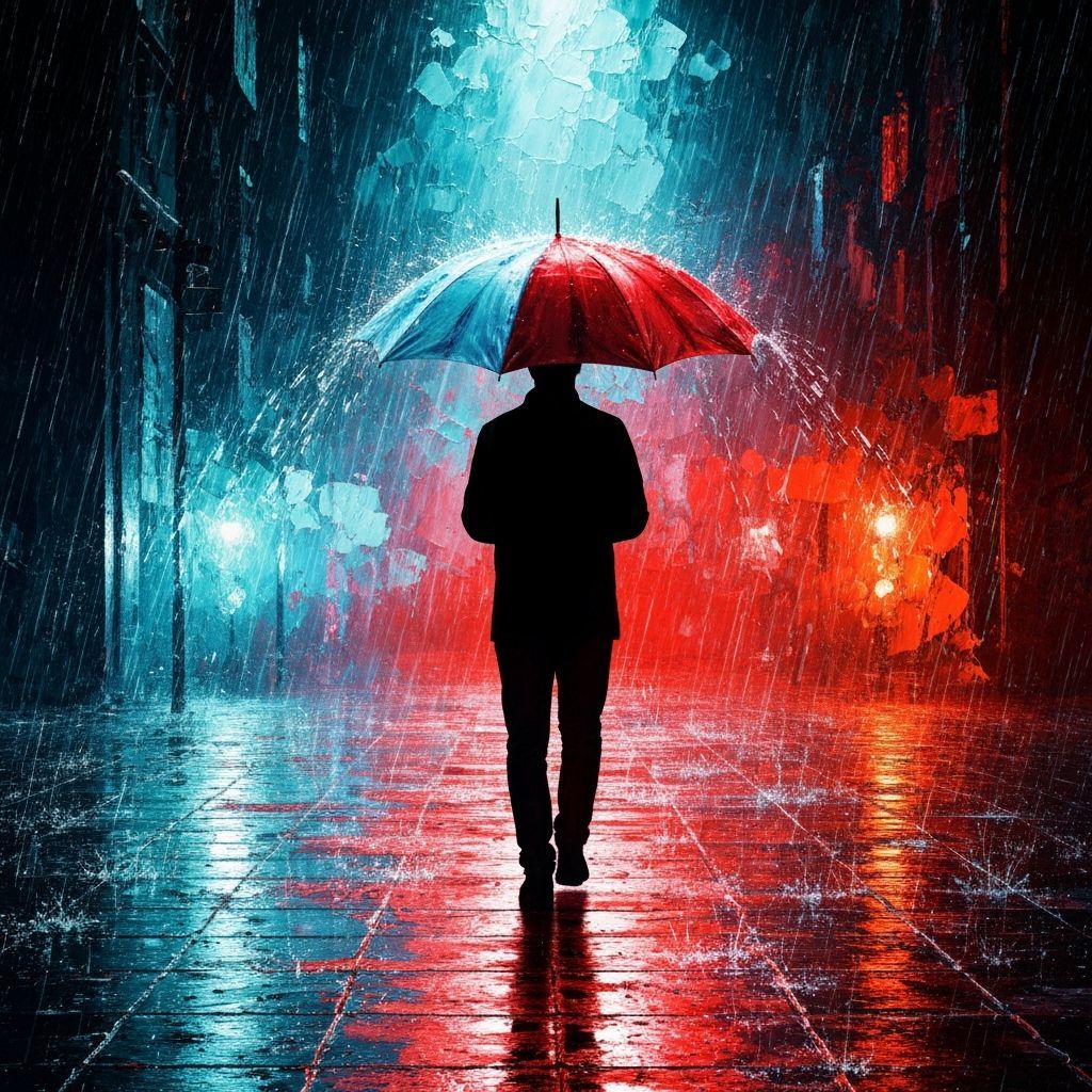 Solitary Figure on Rainy Night in Expressionist Style