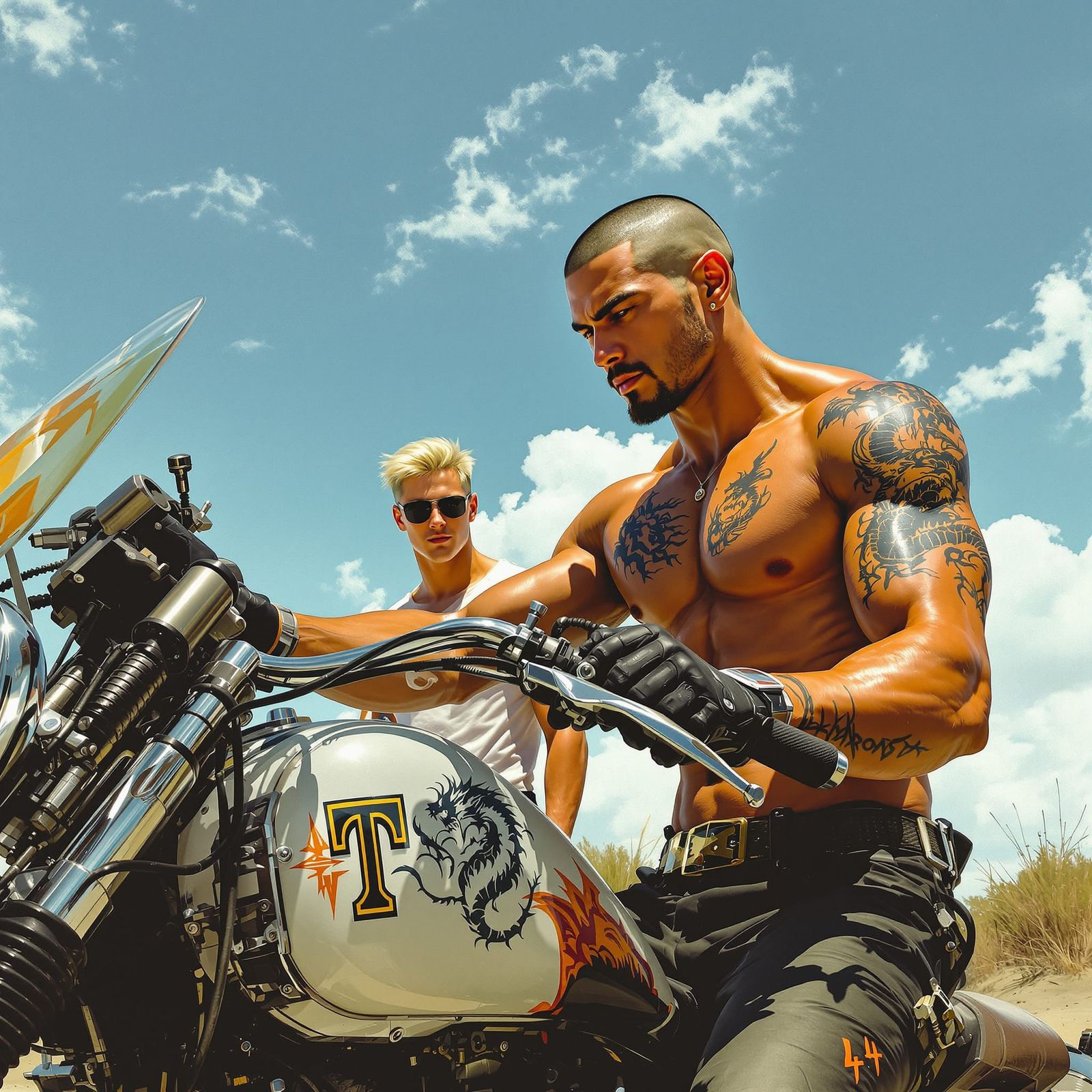 Muscular Athlete Tuning Motorcycle with Boyfriend