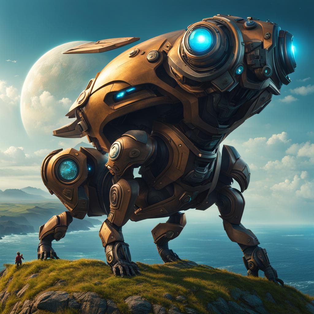 Friendly Alien Overlooking Ocean on Hill