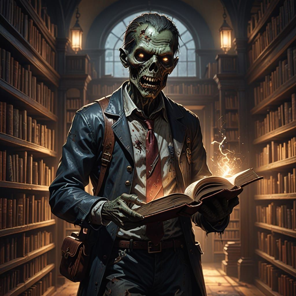 Macabre Zombie Scholar in Dimly Lit Library