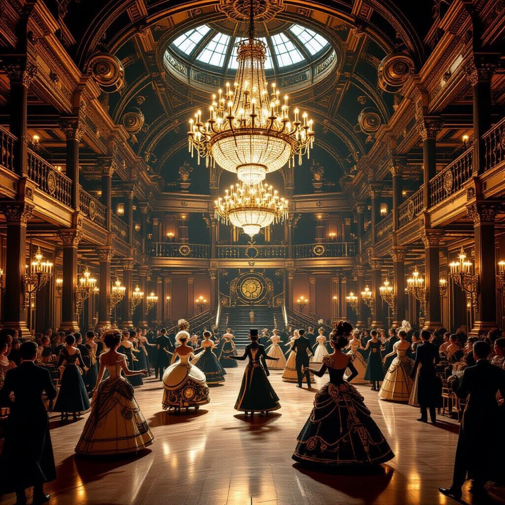 Opulent Steampunk Ballroom with Clockwork Dancers