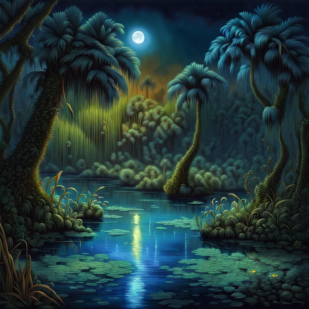 Bioluminescent Florida Spring at Night: Magical Fantasy