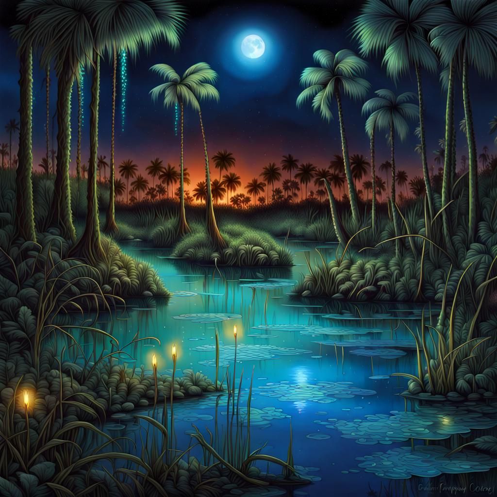 Bioluminescent Florida Spring at Night: Fantasy Concept Art