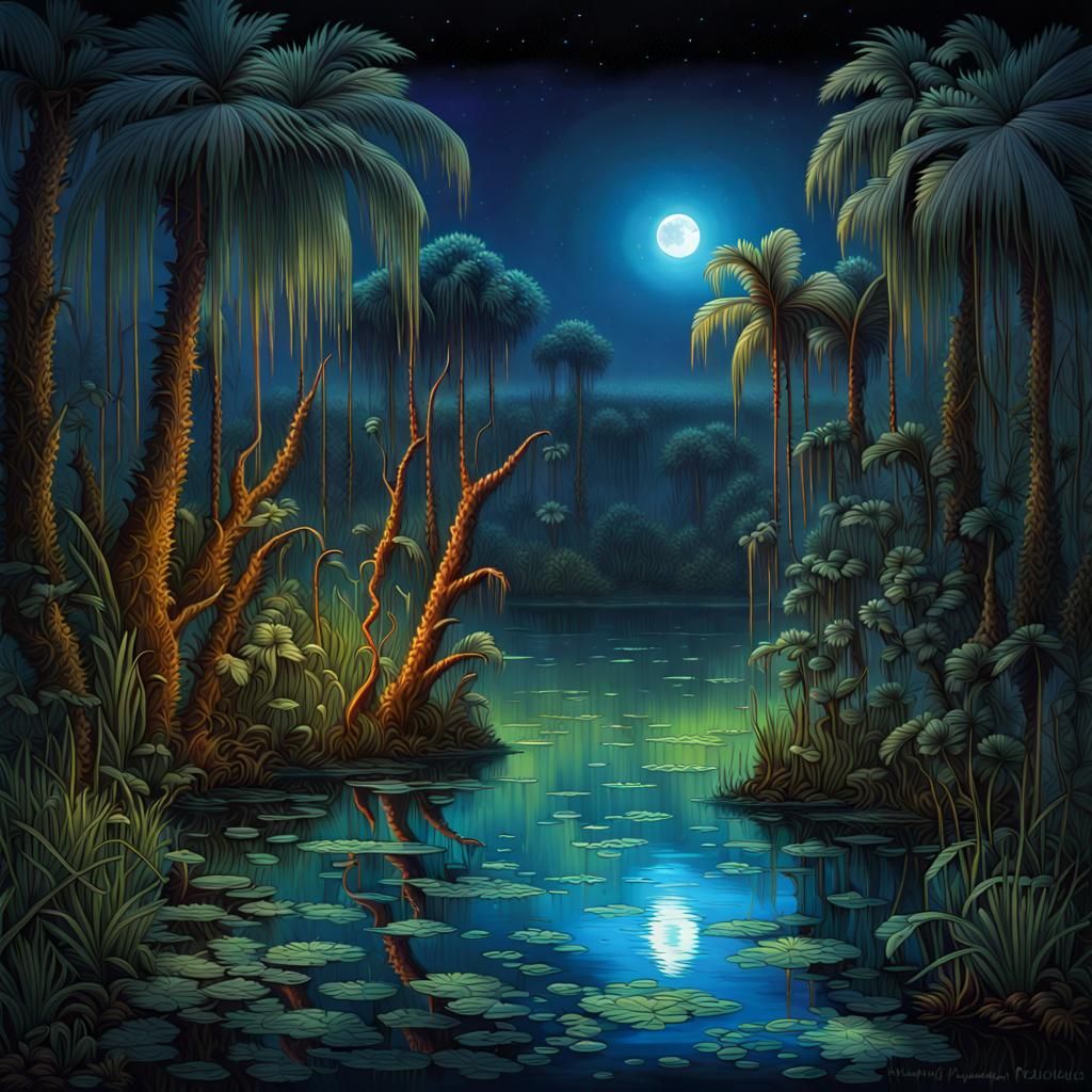 Bioluminescent Florida Spring at Night in Ethereal Style